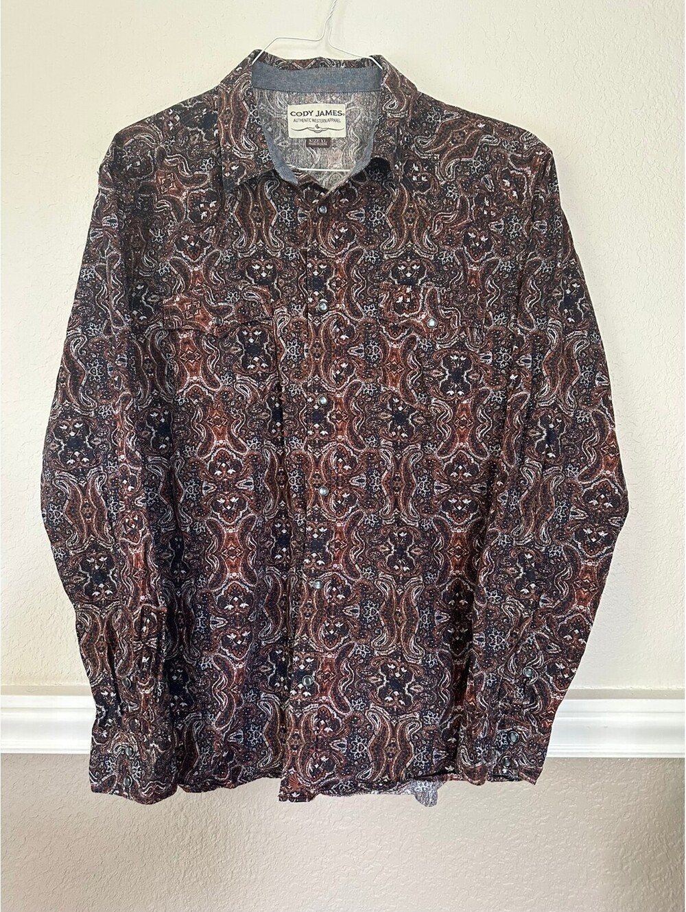 Cody James Mens XL Western Pearl Snap Shirt Brown Black Paisley Long Sleeve